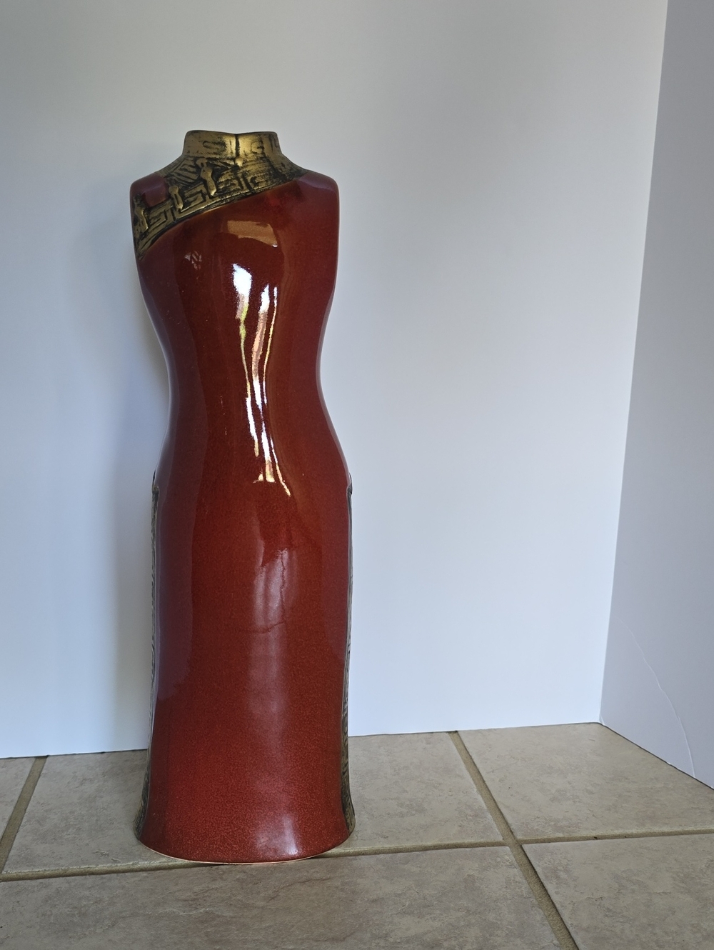 Red Gloss Ceramic Dress Form Vase with Gold Collar